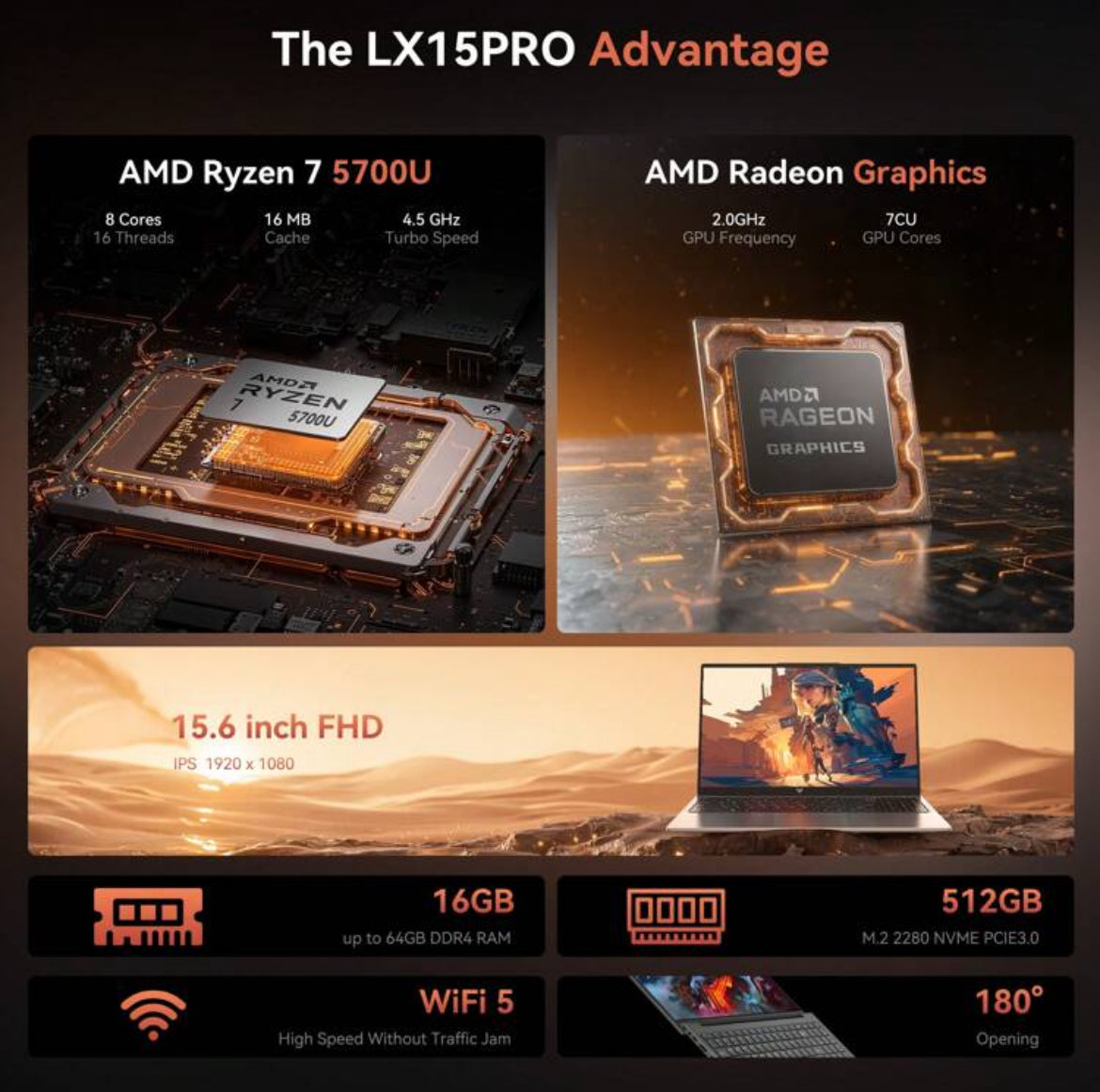 ACEMAGIC ACEMAGIC LX15PRO Newest Gaming Laptop Notebook, With AMD Ryzen 7 5700U (8C/16T, Up To 4.3GHz), 16GB DDR4 RAM 512GB NVMe SSD IPS Laptop Computer, Radeon RX Vega 8 Graphics, 16.1-Inch IPS FHD 1920*1080P Display, 53Wh Battery, Backlit Keyboard